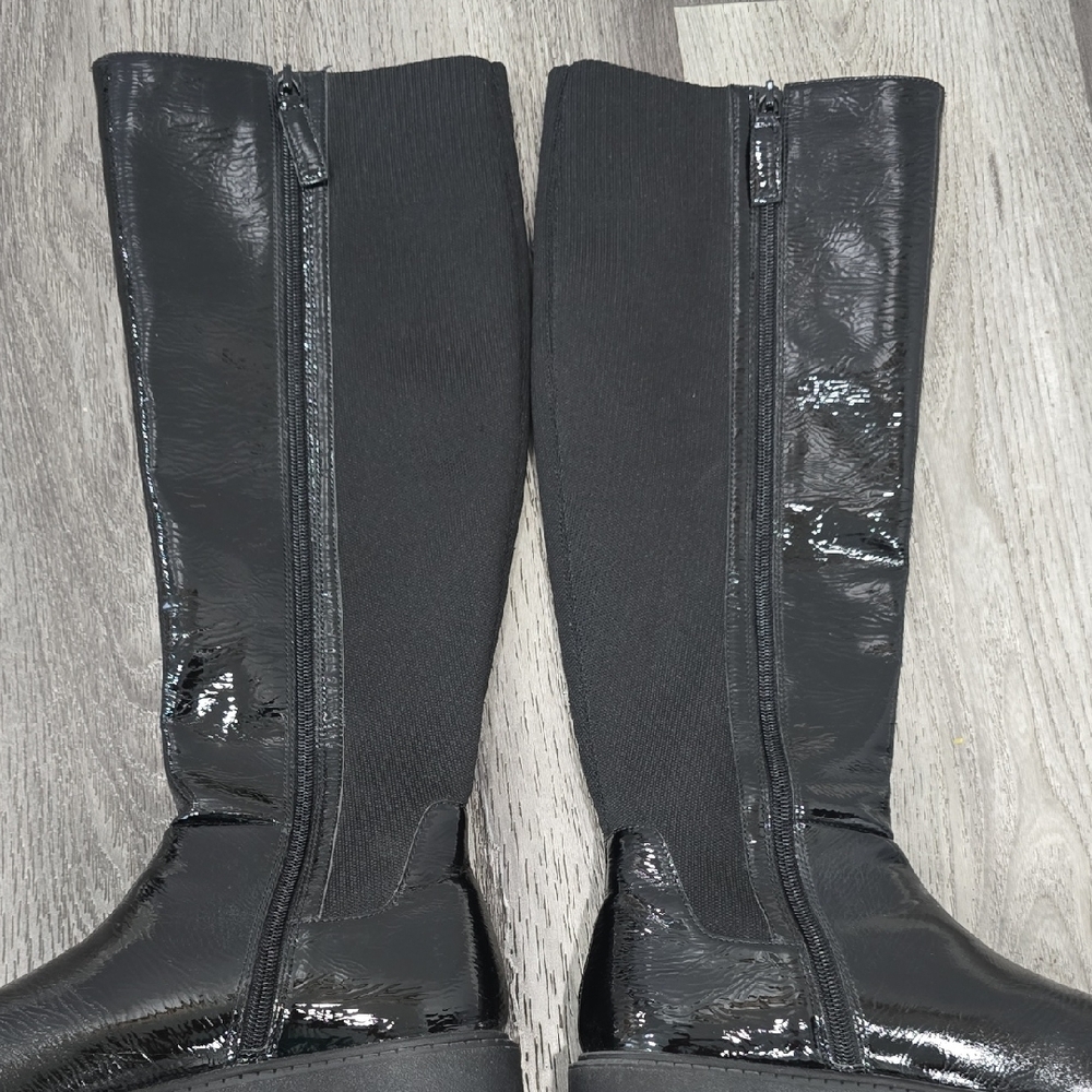 Andre Assous Viva Patent Knee High Boots Black Crinkle Patent Stretch Back - Picture 10 of 13